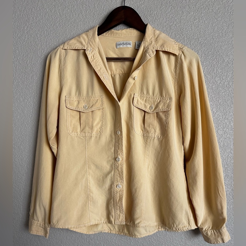 Ann Taylor Silk Butter Yellow Button Up Shirt